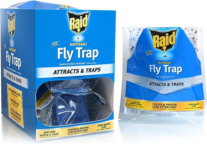 Raid Fly Trap for Outdoor Use, 6 Pack, Disposable Bag with Entry Funnel, Preloaded Lure, Water-Activated Hanging Bug Catcher for Patios, Gardens, Trash Areas, Picnics, Easy to Use & Discard
