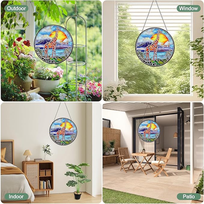 Wkyqes Giraffe Handmade Stained Glass Window Hanging Suncatcher with Chain - 7.9" Outdoor/Indoor Art Decor for Home Garden, Wedding, Mother's, Valentine's & Christmas Ornaments Present Gifts