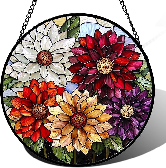 AMDERVEN Stained Glass Window Hanging, Colorful Flowers Sun Catcher for Window Door Home Decor Plant Suncatcher Christmas Mother's Day Birthday Gifts for Women Men Mom and Nana 9.8 in