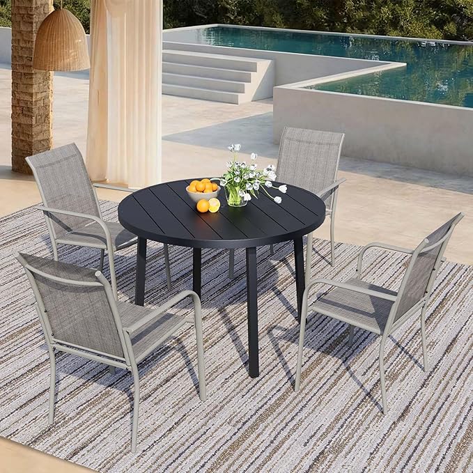 5 Pieces Patio Dining Set for 4, Grey Patio Stackable Chairs and Black Round Table Set of 4, Outdoor Furniture Set with Sling Support for Outside, Garden