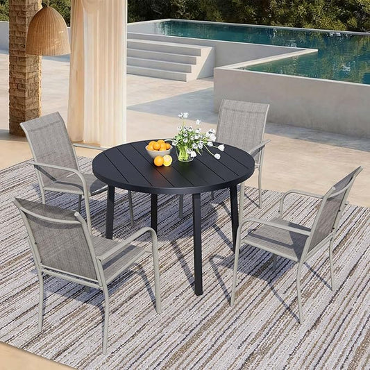 5 Pieces Patio Dining Set for 4, Grey Patio Stackable Chairs and Black Round Table Set of 4, Outdoor Furniture Set with Sling Support for Outside, Garden