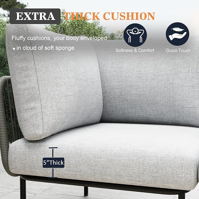 11 Piece Modern Outdoor Rope Wicker Sectional Patio L-Shaped Conversation Sofa Set Deep Seating with Fire Pit Table