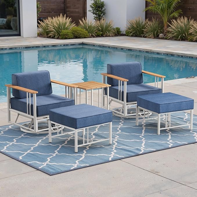 Luxury Patio Swivel Chairs with 6" Extra Thick Cushions, Outdoor Furniture Set with Ottomans and Side Table, Swivel Outdoor Chairs for Porch, Balcony, Deck, Patio, Yard, Poolside, White/Blue