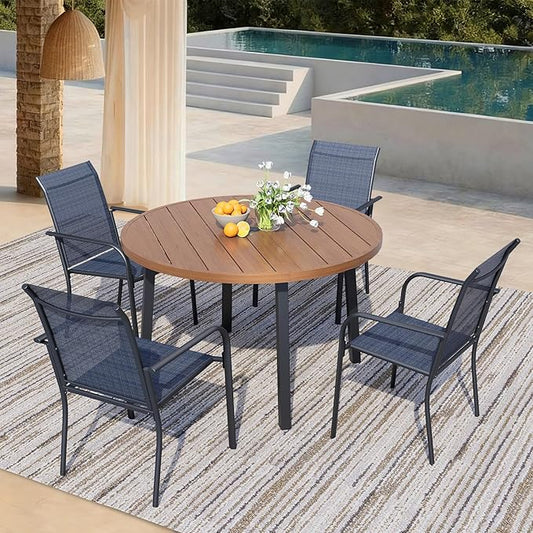 5 Pieces Patio Dining Set for 4, Dark Blue Patio Stackable Chairs and Walnut Round Table Set of 4, Outdoor Furniture Set with Sling Support for Outside, Garden