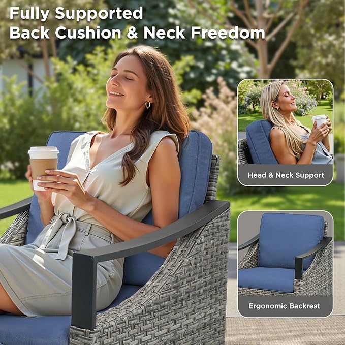 Wicker Outdoor Patio Furniture Set - 9 Pieces Patio Conversation Sets with Wicker Swivel Rocker Chairs, Deep Seat Sectional Sofa with Thick Cushions Ottomans for Porch Balcony Deck Gray/Blue