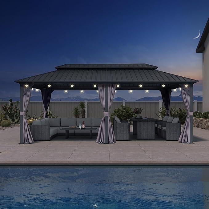 PURPLE LEAF 10'x20' Hardtop Gazebo with Lights Outdoor Pavilion Waterproof Double Roof Galvanized Steel for Patio and Garden Includes Netting and Curtains Grey