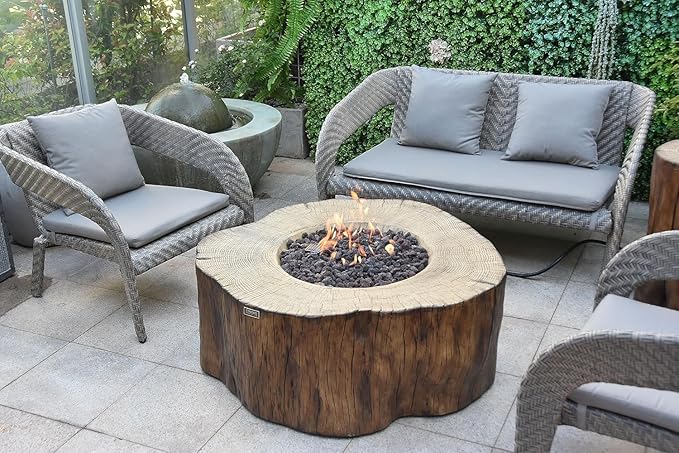 Elementi Manchester Gas Fire Pit Cast Concrete Fire Table, Outdoor Fire Pit Electronic Ignition | Canvas Cover, Lava Rock Included | Free AMS Wind Guard | Red Wood (Natural Gas)