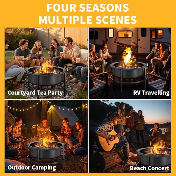 52 Inch Fire Pits for Outside Wood Burning with Rotating Table, Multifunctional Fire Pit with Grill Grate, Poker & Waterproof Cover, Portable Outdoor Bonfire Pit for Camping, Patio, Backyard