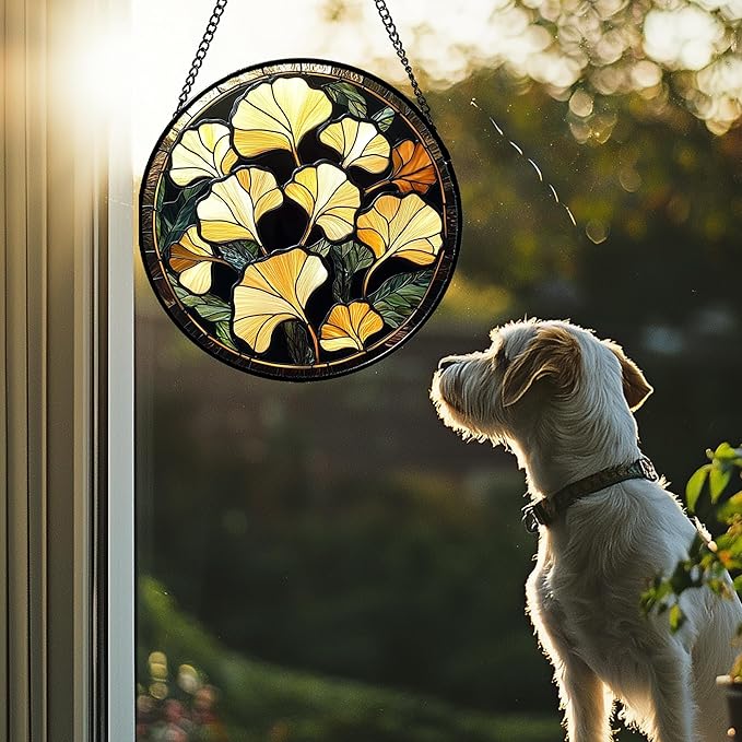 CRISGIF Stained Glass Window Hanging - Ginkgo Leaf Suncatcher for Doors Garden Patio Retro Fall Decor Sun Catchers Christmas Mother's Day Birthday Gifts for Women Men Mom Nana Friend 15 in