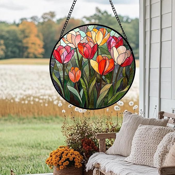 QZQCBLC Stained Glass Window Hanging Red and Pink Tulips 6.3" - Plant Suncatcher Door Garden Flower Sun Catcher Home Decor Birthday Christmas for Mom Woman Wife Friend Nana