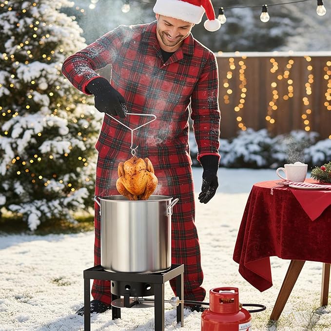 OT-3016 Turkey Fryer with Boiler Steamer Set Basket & 50,000BTU Propane Burner, Outdoor Deep Fryer & Seafood Crawfish Boil Pot with Thermometer, Marinade Injector, Turkey Rack & Rack Lifter