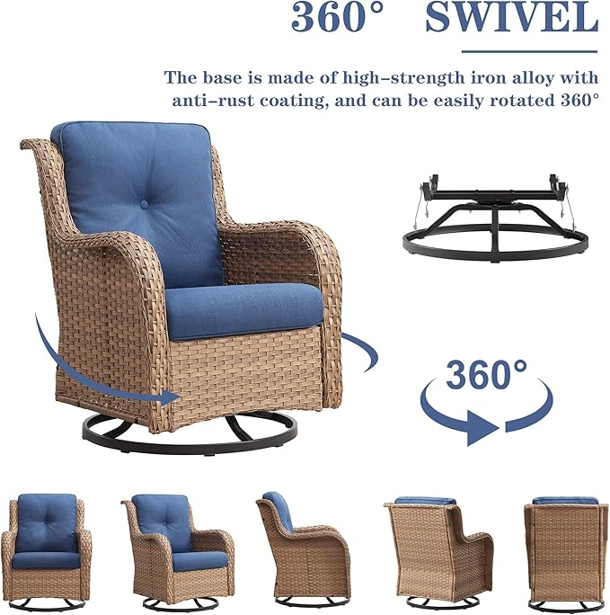 Belord Outdoor Swivel Rocker Patio Chairs - 360 Degree Swivel Glider Seating 350LBS Weight Capacity 3 Piece Wicker Rocking Chairs Set with Side Table for Porch Balcony Deck, Yellow/Blue
