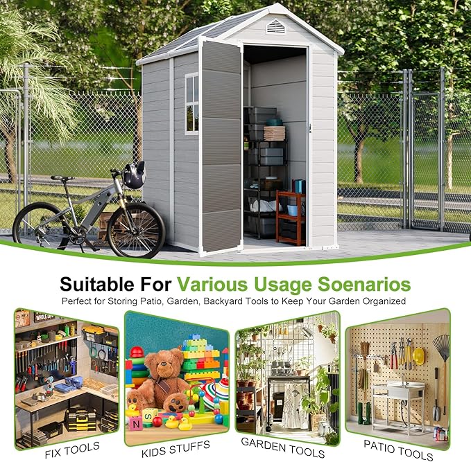 4x6 FT Plastic Outdoor Storage Shed with Floor and Lockable Door, All-Weather Resin Storage Shed Easy to Install, Plastic Sheds & Outdoor Storage for Garden Backyard, Patio, Dove Grey