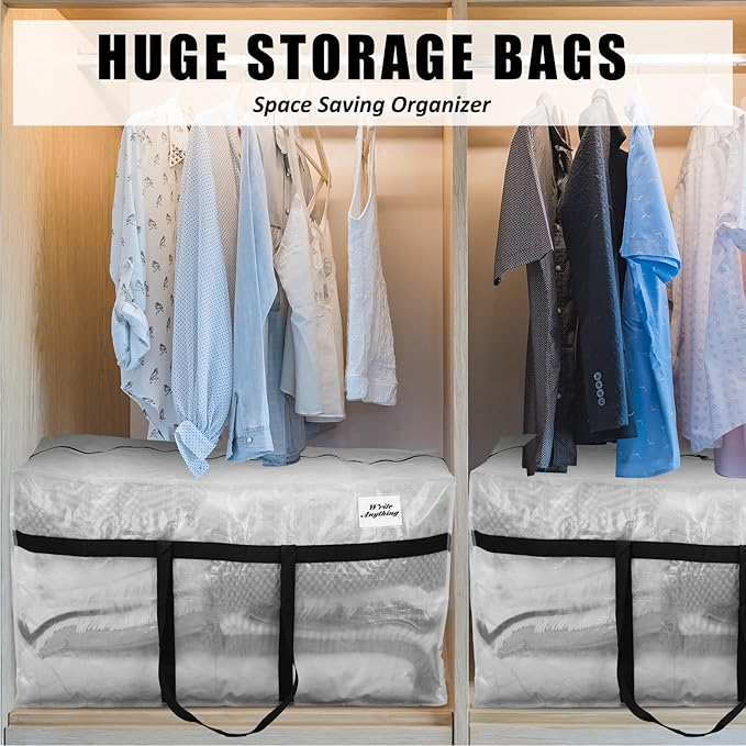 Windyun 4 Pack 69 Gallon Extra Large Storage Bags XXL Moving Bags with Zipper Handle Heavy Duty Jumbo Big Tote Box for Christmas Tree Storage 4, 5, 7.5, 9, 10, 12 ft Skeleton College Dorm(Transparent)