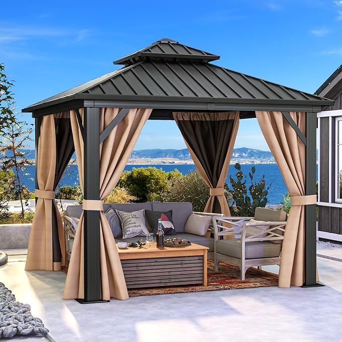 DWVO 10x10ft Hardtop Gazebo Double Roof Heavy Duty Galvanized Steel with Nettings and Curtains, for Patio, Backyard, Deck, Lawns, Brown