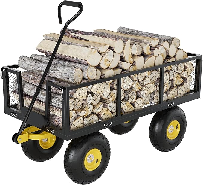 500 Lbs Garden Wagon, 2-in-1 Heavy-Duty Steel Garden Cart, with 10 Inch All-Terrain Tires and Removable Mesh Side Panels, 180° Rotating Handle, Metal Utility Yard Trailer, Outdoor Gardens Wagon Cart