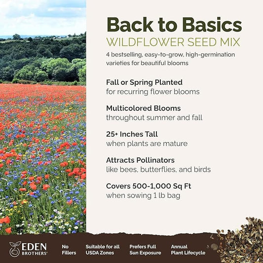 Eden Brothers Back to Basics Flower Mixed Seeds for Planting, 1 lb, 480,000+ Seeds with Cornflower Tall Blue, Corn Daisy | Attracts Pollinators, Plant in Spring or Fall, Zones 3, 4, 5, 6, 7, 8, 9, 10