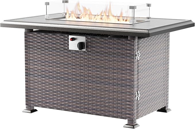43" Wicker Outdoor Propane Gas Fire Pit Table with Rectangle Fire Pit Lid,55000 BTU Auto-Ignition Table Fire Pit w/Glass Wind Guard, Glass Rock for Outdoor,ETL Certified