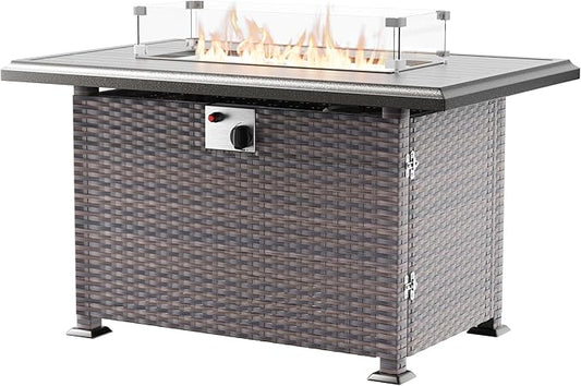 43" Wicker Outdoor Propane Gas Fire Pit Table with Rectangle Fire Pit Lid,55000 BTU Auto-Ignition Table Fire Pit w/Glass Wind Guard, Glass Rock for Outdoor,ETL Certified
