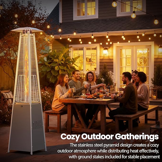 Pyramid Propane Patio Heater, 48,000 BTU Outdoor Patio Heater with Glass Tube Flame & Cover, CSA Certified Gas Heater for Backyard, Garden, Restaurant (1 Heater)