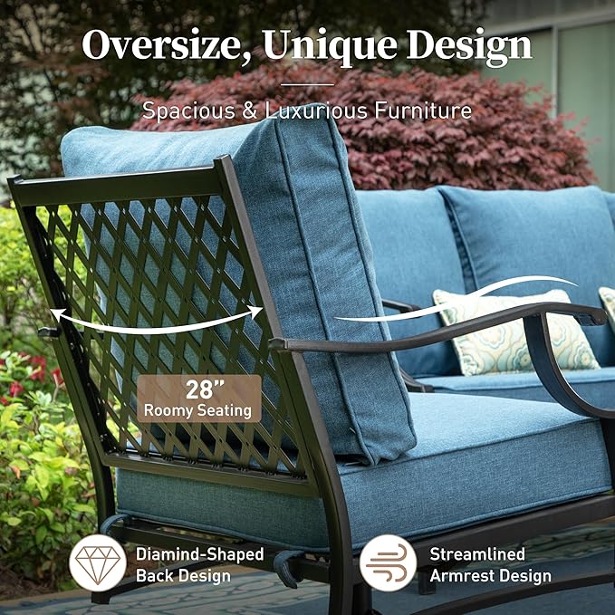 5 Piece Metal Outdoor Patio Furniture Set with Fire Pit Table, Patio Conversation Sets 4 Swivel Chairs with 5.75" Thick Cushion and 5000 BTU Fire Pit Table, Backyard Furniture, Navy
