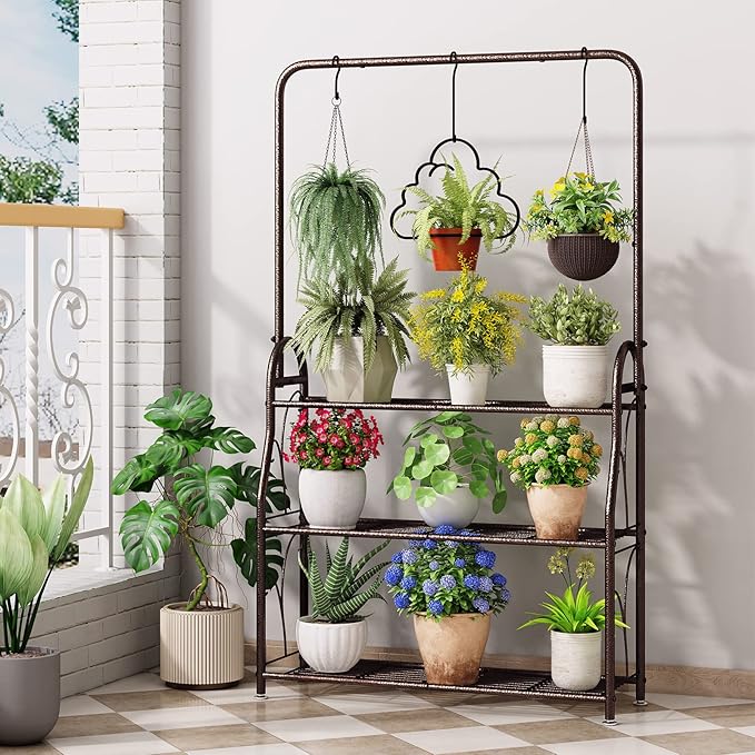 SORCEDAS Plant Stand Indoor Outdoor 3 Tier Tall Corner Hanging Shelf Metal Flower Stands Ladder Holder for Living Room Balcony Garden Patio Multiple Plants, Bronze