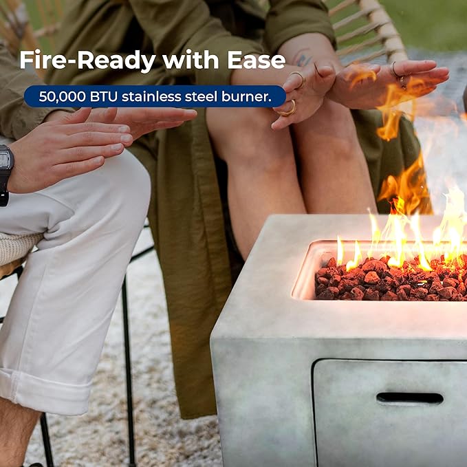SereneLife Outdoor Propane Fire Pit Table - Square Gas Firepit with 50,000 BTU Heat, Stainless Steel Burner, Flame Control, Weather-Resistant Design, and PVC Cover for Patio or Backyard, 42"x20"x24"