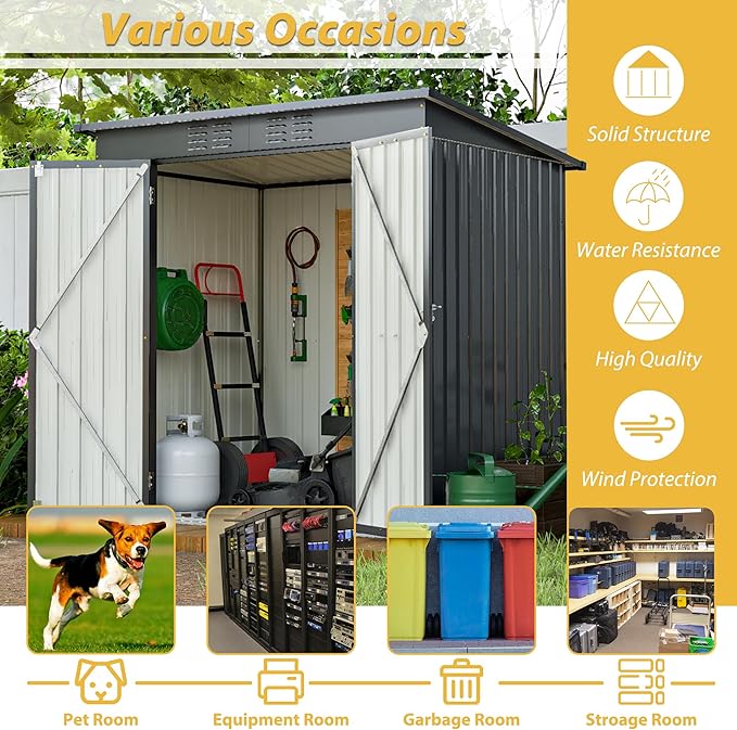 Favfurish Outdoor Storage Shed 6x4 FT,Metal Waterproof Tool Sheds with Hinged Door and Padlock,Vents,Garden Shed for Garden Backyard, Lawn,Black