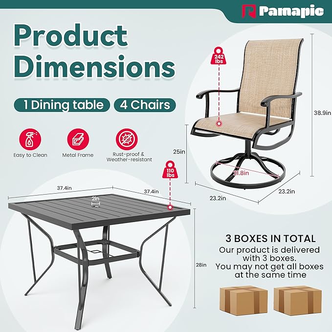 Pamapic 5-Piece Outdoor Dining Set, Patio Dining Set for 4, Outdoor Table and Chairs, All-Weather Outdoor Patio Set with Textilene Swivel Chairs for Garden, Poolside, Deck，Beige