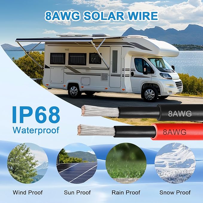Solar Pane Wire 8 AWG - Solar Extension Cable 50Ft Black & 50Ft Red 8 Gauge Tinned Copper PV Wire for Outdoor Automotive RV Solar Panel Boat Marine (Black+Red)