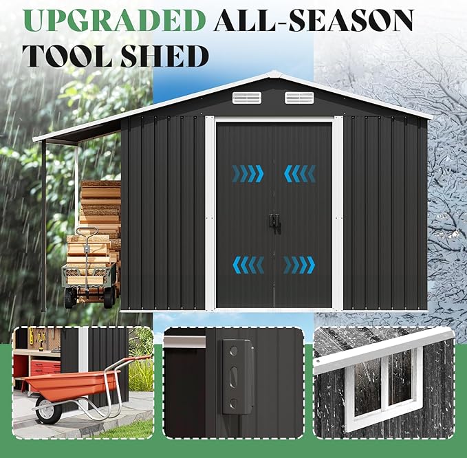 Jocisland Outdoor Storage Shed 10.6x10.3x6.3 FT, Rolling Door Shed with Dual 4-Pane Windows for Wood Storage, Dark Grey/White