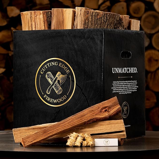 Cutting Edge Firewood - Artisanal Hickory Firewood Box | Premium Kiln-Dried Hardwood | Hot, Long-Lasting Burn with Rich Aroma | Low-Smoke Firewood for Indoor & Outdoor Use Ultra-Clean Logs