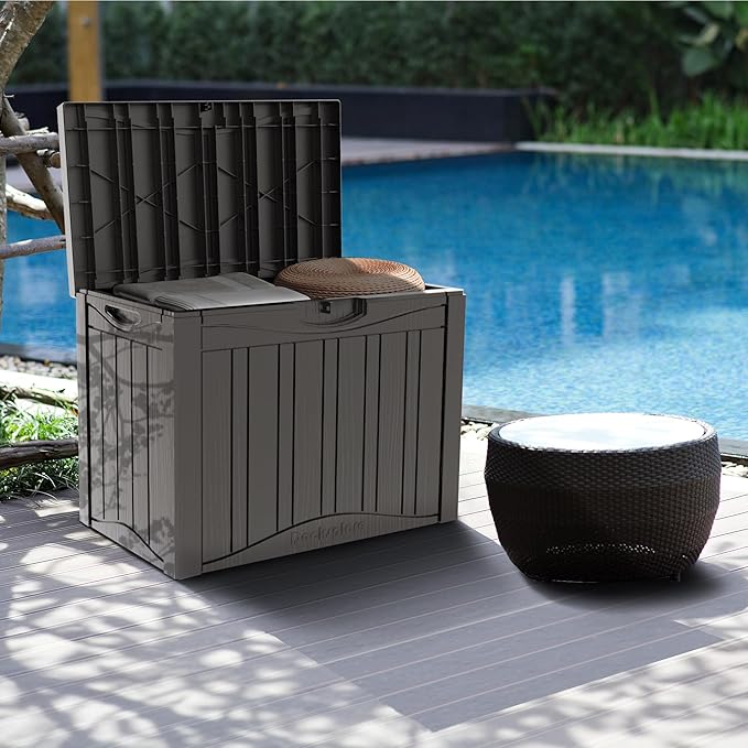 50GAL Brown Deck Box with Special Pattern and Lock Hole - Waterproof, SGS - Approved UV Resistance, Stylish Storage for Outdoor Cushions and Decor, Effortless Assembly Process