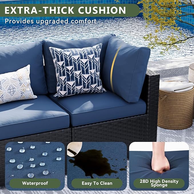 Aoxun 8 Piece Patio Furniture Set with 44” Fire Pit Table Wicker Rattan Patio Sectional Sofa Set Outdoor Seating Furniture with Thickened Cushion, Navy Blue