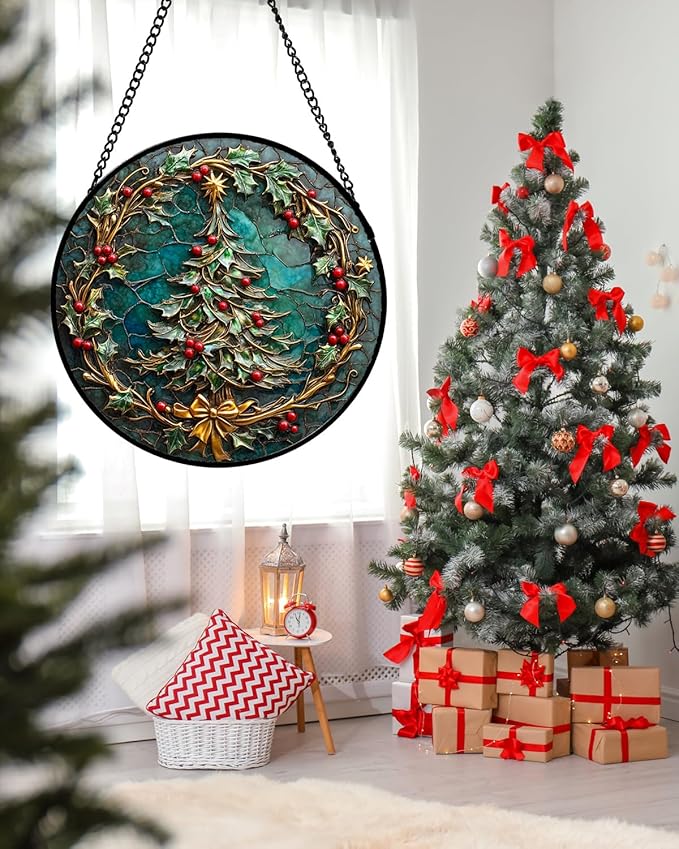 DASTOLL Stained Glass Window Hangings - Red Gold Green Wreath Suncatcher for Door Home Christmas Tree Decoration Sun Catcher Thanksgiving New Year Birthday Gift for Women Men Mom Grandma 15 in