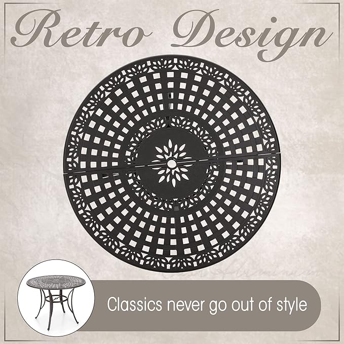 MFSTUDIO Cast Aluminum Round Patio Dining Table, 54" Outdoor Bar Height Table, Metal Patio Bistro Table with Umbrella Hole, Retro Design Outdoor Dining Table for 4-6