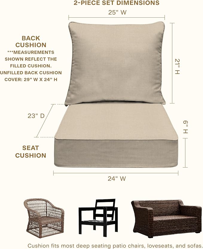 Honeycomb Outdoor Heritage Deep Seat, 24 x 23, Textured Solid Almond Chair Cushion for Patio Furniture