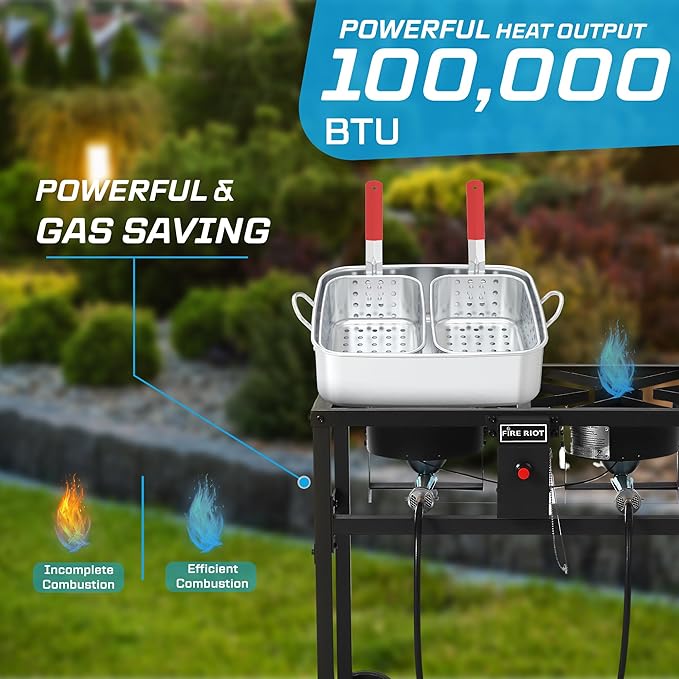 Fire Riot Deep Fryer with Double Burner Propane Stove Outdoor, 2×18QT Aluminum Pots & Frying Baskets, 100,000 BTU High-Power, Fish Fryer for Wings, Fries, Cajun Fry