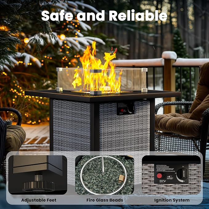 Propane Fire Pit Table, Outdoor Fire Pit Table, 28" Rattan Square Outdoor Gas FirePit with Glass Wind Guard, Tempered Glass Tabletop, Lid, CSA Listed, 50,000 BTU, Outside Patio & Garden, Gray-White