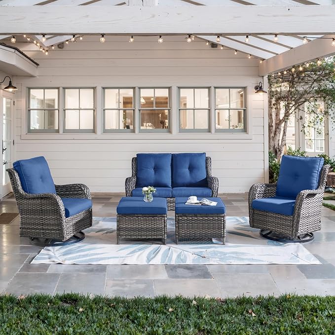 Belord 5 Piece Outdoor Patio Furniture Set - Wicker Furniture Patio Conversation Set, Outdoor Swivel Rocker Chairs with Loveseat Sofa and 2 Ottomans for Small Space, Blue Cushion