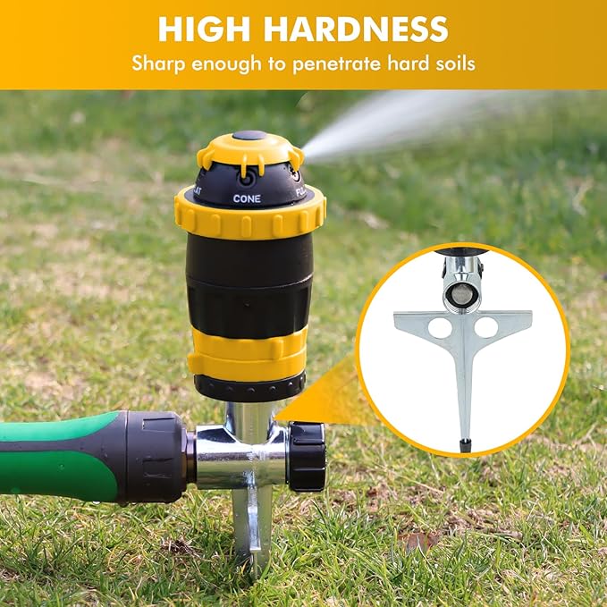 [2 Pack] RESTMO Gear Drive Sprinkler with Metal Spike Base, 5-Pattern Heavy Duty Gardening Watering System, Multi-Adjustable Lawn Sprinkle for Garden Plant, Flower Bed and Large Yard Area, Yellow