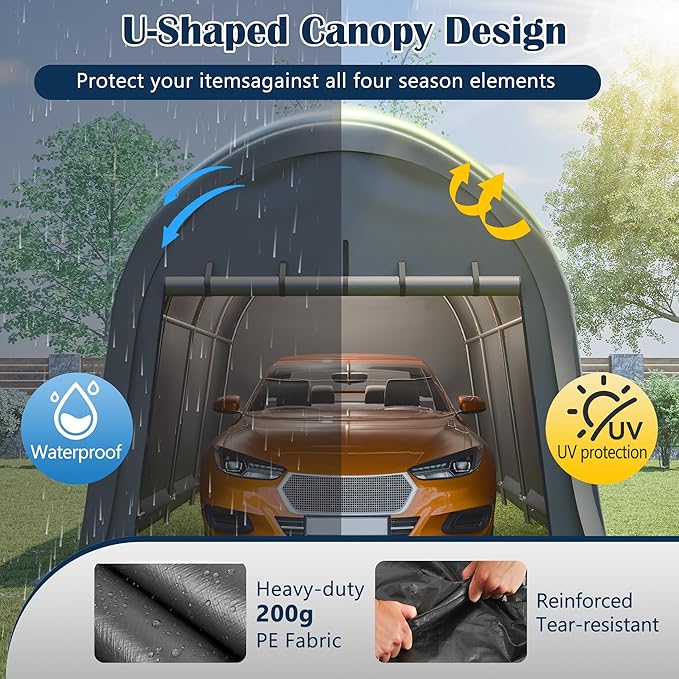 Anti-Snow 10x20 FT Carport,Grade Heavy Duty Portable Garage Canopy with Steel Frame & Vented Roof,Waterproof Outdoor Storage Shed W/Removable Double-Zipper Doors,for Vehicle, Boat,RV,Grey