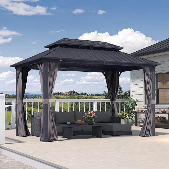PURPLE LEAF 8' X 12' Permanent Hardtop Aluminum Gazebo with Double Galvanized Steel Roof Removable Netting Curtains and Ceiling Hooks for Patio Lawn Backyard Deck Garden Grey