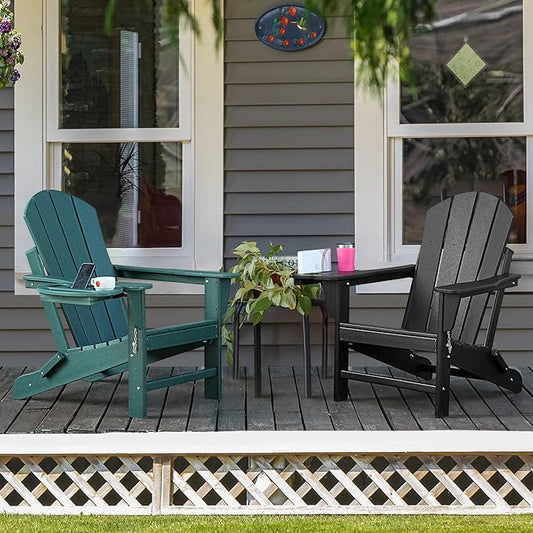 Adirondack Chair Set of 2, HDPE Folding Adirondack Chair with Multifunctional Cup Holder, Weather Resistant Fire Pit Chair for porches, patios, patios, poolsides, Decks.