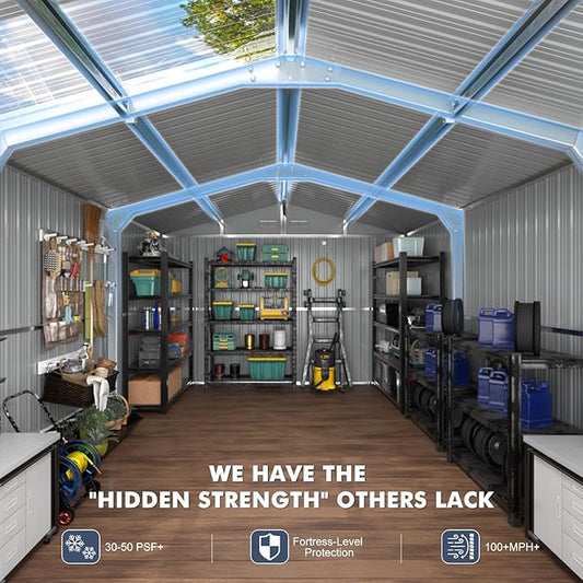Metal Shed 10x16 FT Large with Customizable Skylight, Reinforced Steel Frame, Heavy-Duty Galvanized Steel Big Garden Sheds with Lockable Doors,4 Pane Windows, Large Utility Tool Sheds