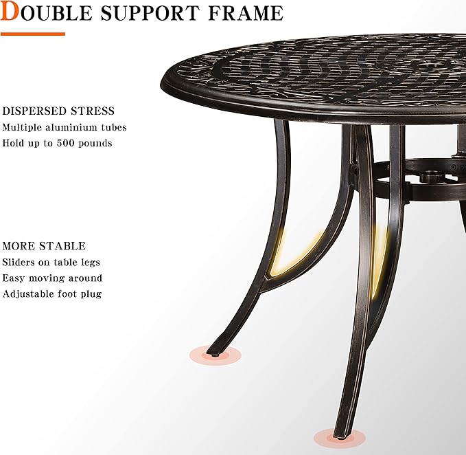 PURPLE LEAF Outdoor Dining Table 47'' Cast Aluminum Patio Funiture Table with Umbrella Hole Rhombic Round Patio Dining Table