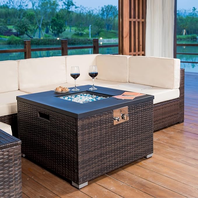 32'' Outdoor Low Profile Fire Table, 50,000 BTU Fire Table with Brown Wicker, Painted Steel Tabletop, Mix Color Glass Rocks, Including Lid and Cover, Fits 20lb Tank Outside, Square
