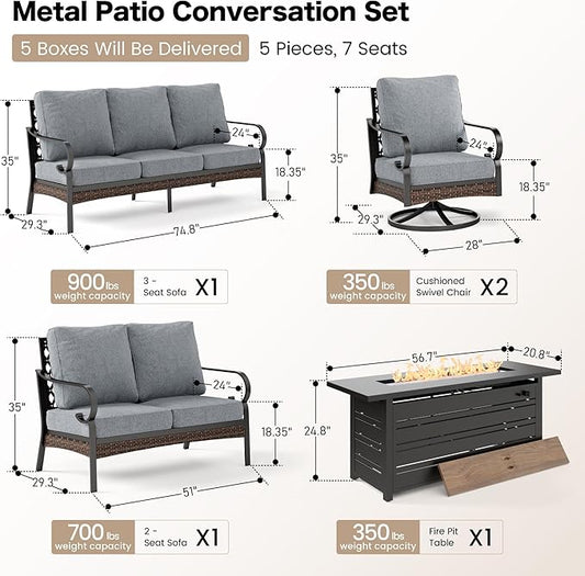 5 Piece Black Metal Outdoor Patio Furniture Sets with Firepit Table, Patio Conversation Sets 1 3-Seater Sofa, 1 2-Seater Sofa, 2 Swivel Sofa with 5.75" Cushion for Backyard Deck, Gray