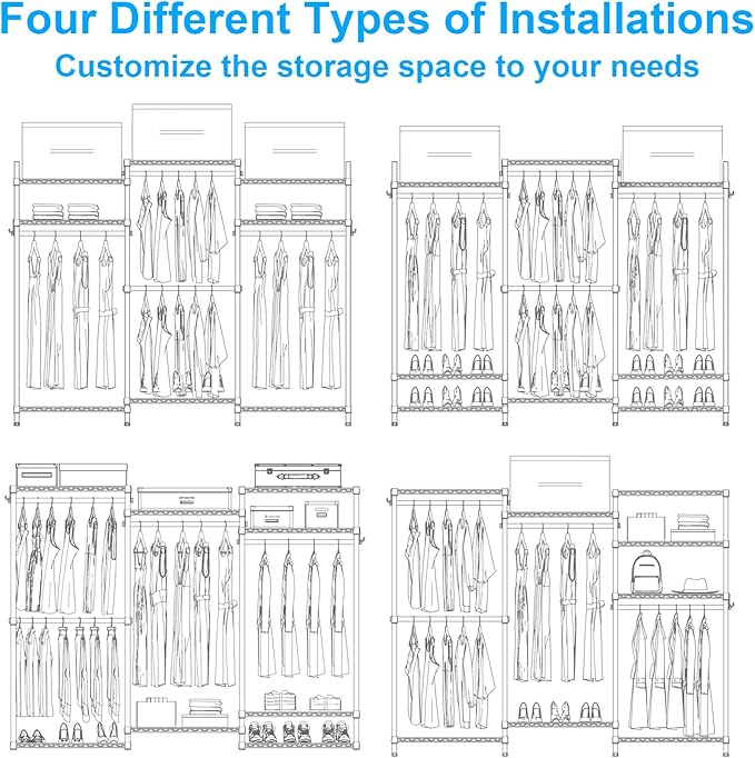 Ulif E13C Heavy Duty Closet Organizer System，Freestanding Clothing Racks for Hanging Clothes，Adjustable Garment Rack 63" W x 16" D x 77" H Hold 960 lbs，Black Clothing Rack with Black Dustproof Cover