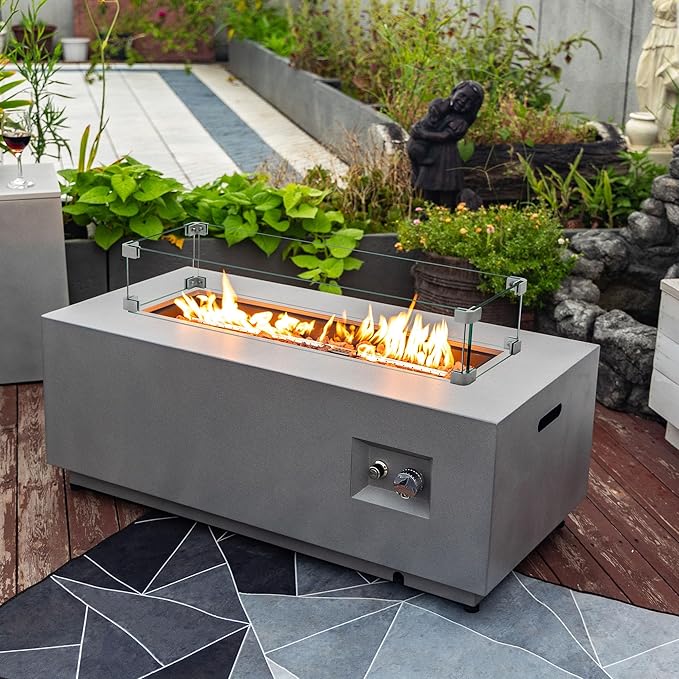 Outdoor Fire Pit Table Propane Gas Fire pits Outdoor Fireplaces 42″ Rectangular Firepit Table, 50,000 BTU Fire Table for Patio Set, Grey.